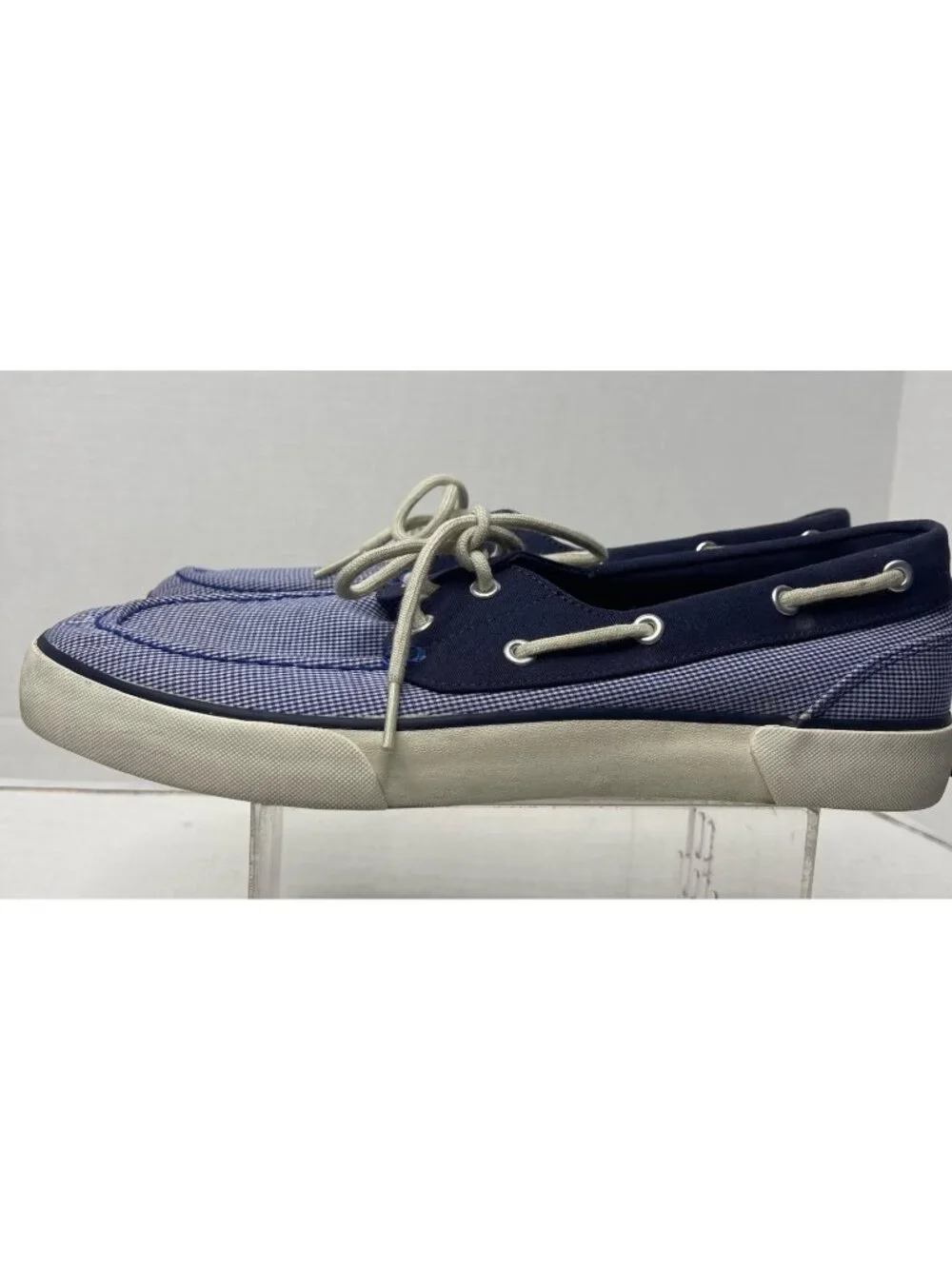 Polo Ralph Lauren Lander Mens Blue Gingham Canvas Lace-Up Boat Shoes SZ 10.5D